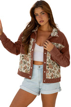 Medium Grey Ribbed Retro Floral Patchwork Shirt Style Jacket