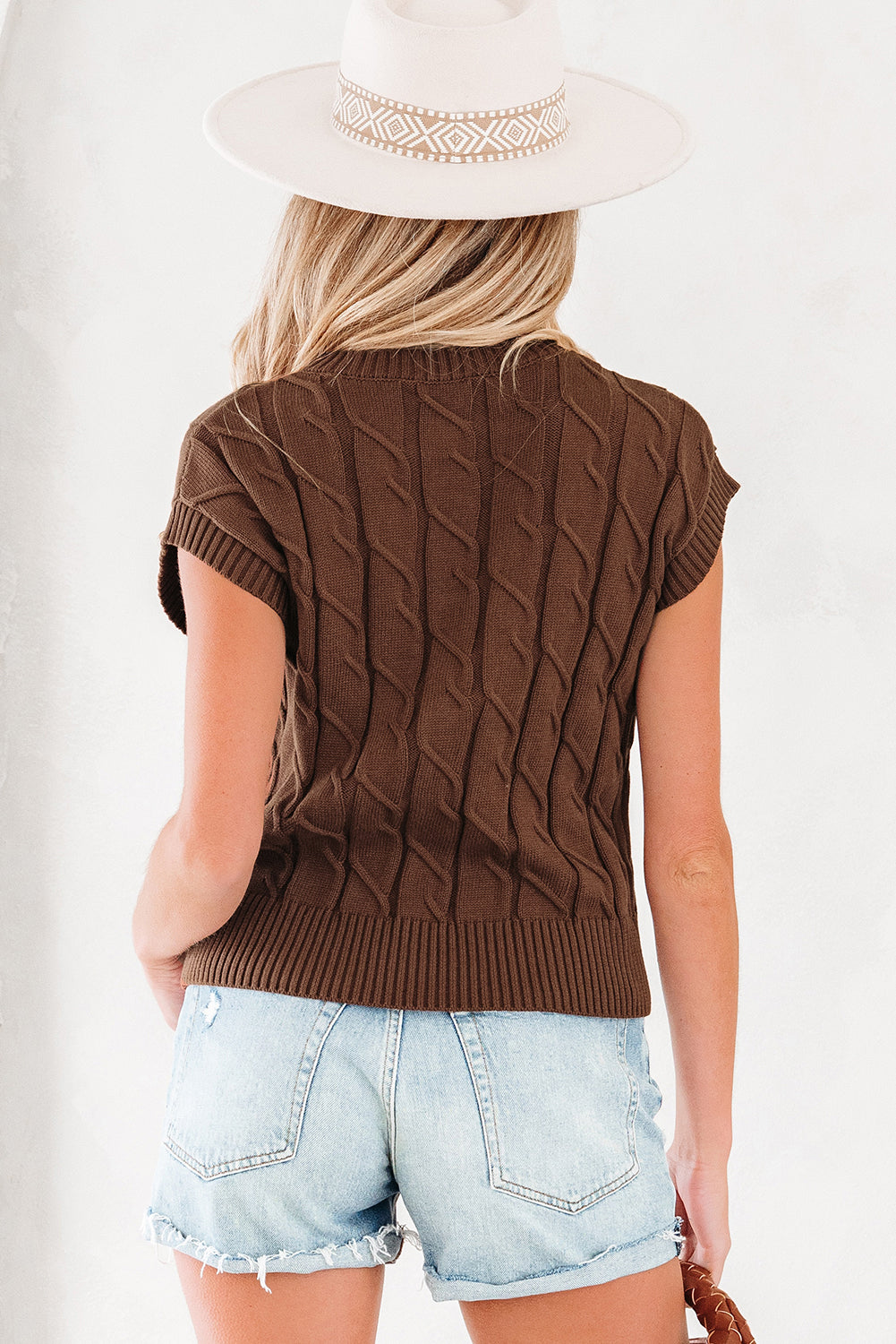 Dark Brown Cable Texture Crew Neck Short Sleeve Sweater Top