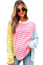Multicolour Color Block Striped Patchwork Dolman Sleeve Slit Sweater