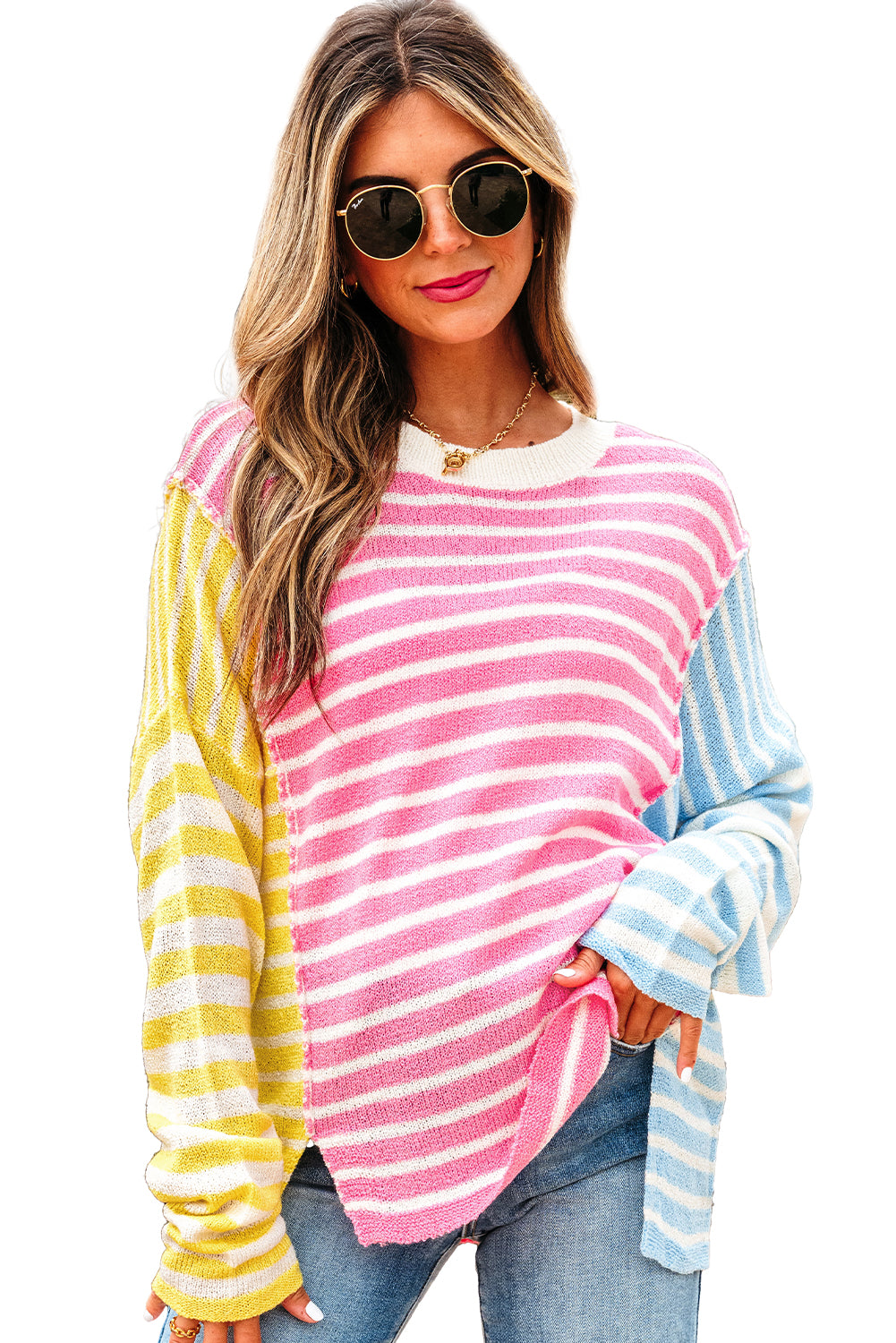 Multicolour Color Block Striped Patchwork Dolman Sleeve Slit Sweater