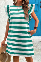 Green Stripe Flutter Sleeve Round Neck Shift Dress