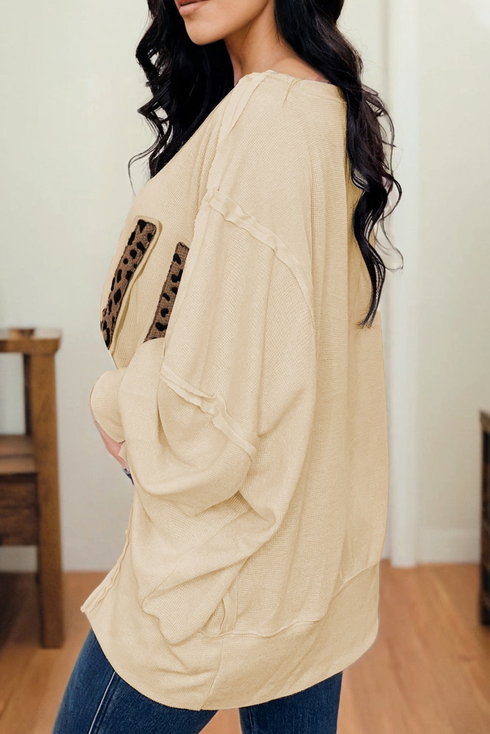 Parchment Oversize Leopard LOVE Patched Graphic Round Neck Casual Sweatshirt
