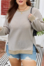 Brown Stripe Plus Size Breathable Knit Ribbed Trim Long Sleeve Top