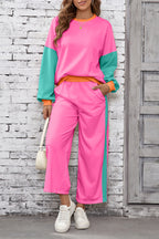 Blackish Green 2pcs Color Block Pullover Loose Pant Set