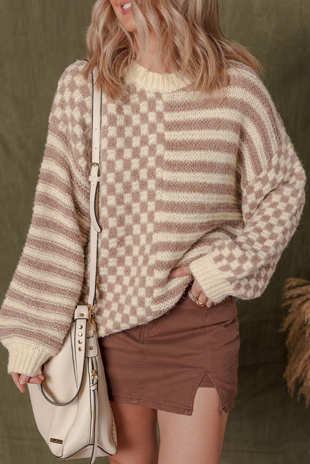 Khaki Stripe Checkerboard Drop Shoulder Balloon Sleeve Sweater
