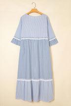 Sky Blue Stripe Crisscross Lace Detail Mixed Striped Patchwork Plus Size Shift Long Dress