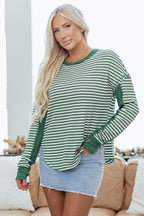 Green Stripe Thermal Knit Drop Shoulder Casual Top