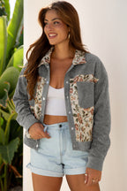 Medium Grey Ribbed Retro Floral Patchwork Shirt Style Jacket