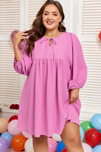Sachet Pink Plus Size Textured Tie Split Neck Puff Sleeve Flowy Mini Dress