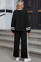 Pink Varsity Stripe Patchwork Puff Sleeve Pullover Drawstring Wide Leg Pant Set