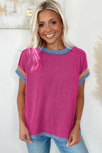 Sky Blue Textured Contrast Trim Round Neck T Shirt