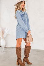 Beau Blue Chest Pocket Raw Hem Denim Loose Shirt Dress