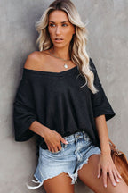 Purple Exposed Seam Half Sleeve Knitted V Neck Textured Top