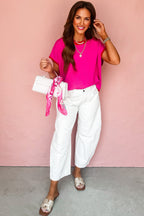 Rose Red Contrast Trim Round Neck Short Sleeve Loose Knit Sweater