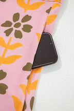 Pink Floral Print Zip Neck Striped Patchwork Long Sleeve Drawstring Dress