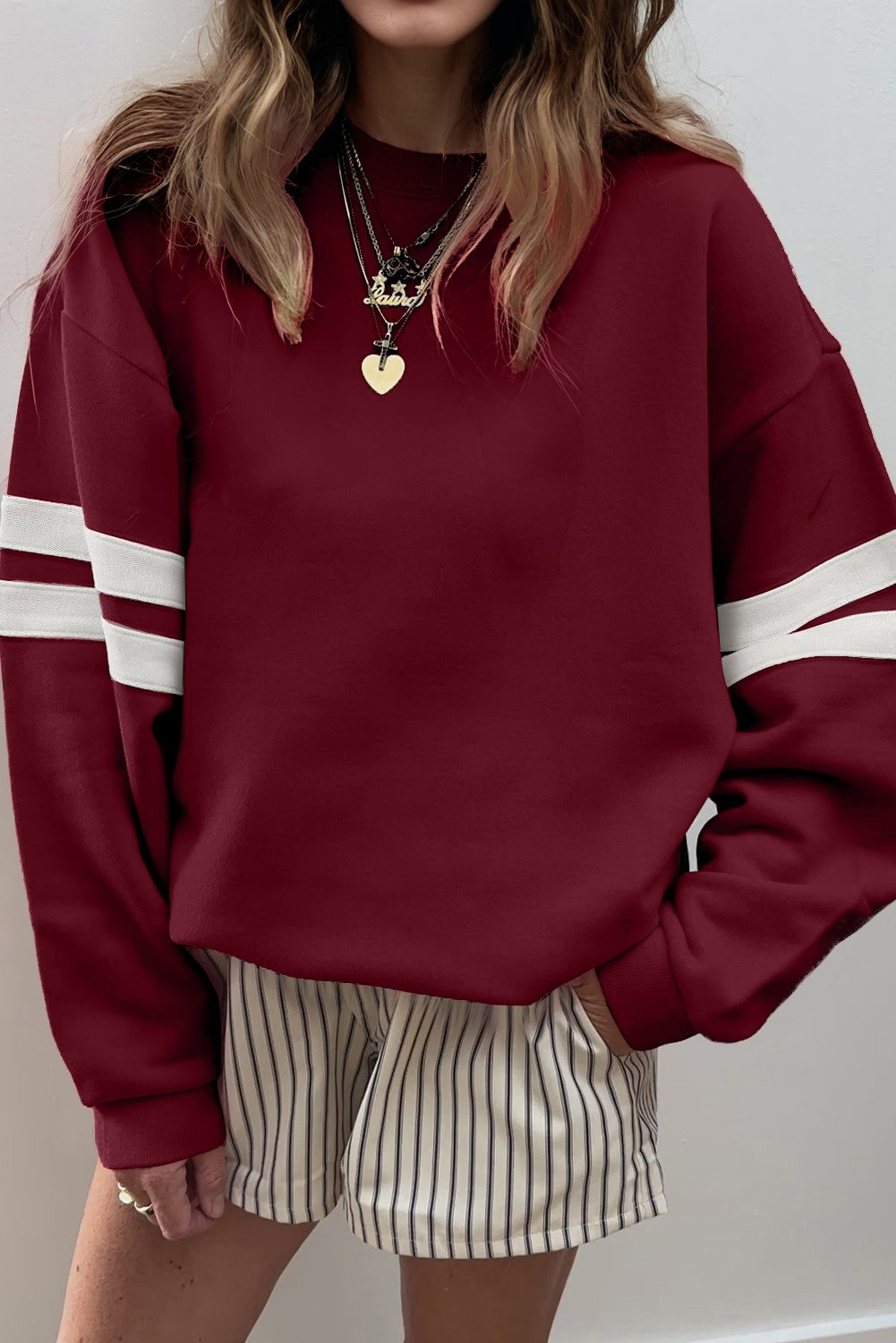 Rose Red Varsity Striped Detail Drop Shoulder Oversized Sweatshirt