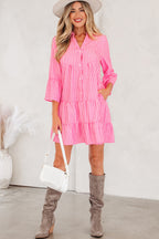 Pink Stripe Flare Sleeve Half Placket Tiered Flowy Mini Dress