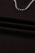 Black Contrast Stitched Detail V Neck Ruffle Long Sleeve Blouse