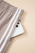 Oatmeal Varsity Striped Detail Crewneck Pullover Elastic Sweatpants 2pcs Outfit