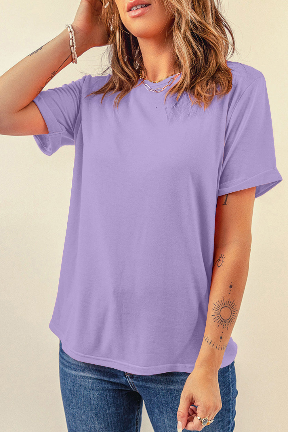 Orange Casual Plain Crew Neck Tee