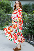 Orange Floral Print Drawstring V Neck Tiered Plus Size Dress