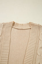 Parchment Cable Knit Braided Tie Sleeve Plus Size Open Cardigan