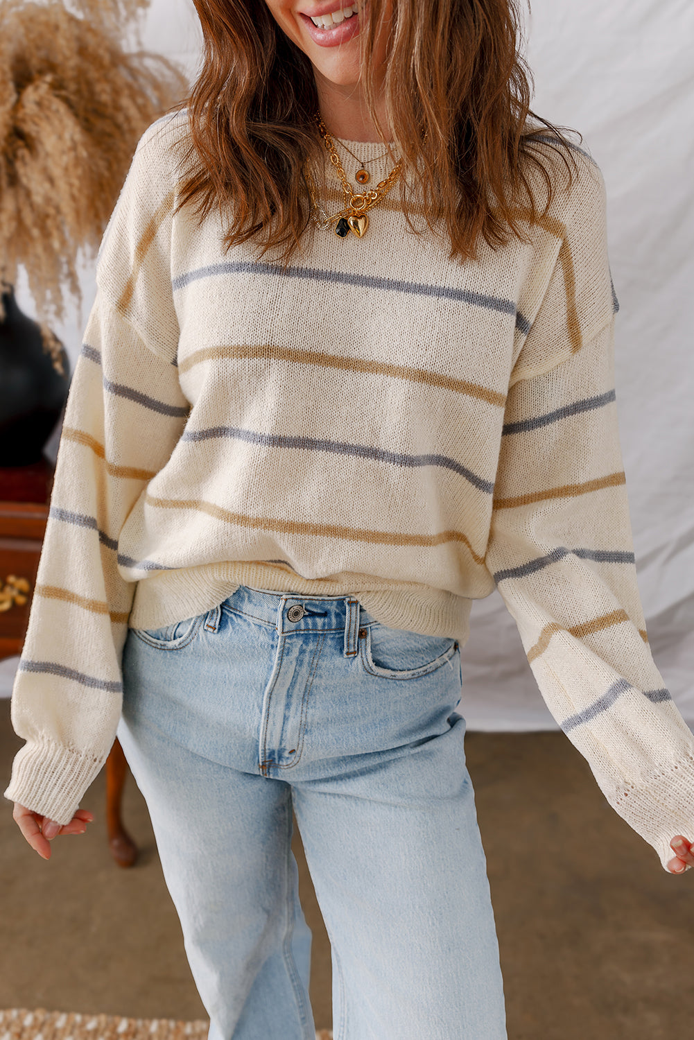 Multicolour Striped Ribbed Edge Drop Shoulder Sweater
