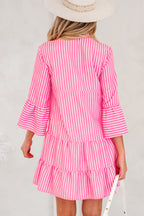 Pink Stripe Flare Sleeve Half Placket Tiered Flowy Mini Dress