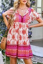 Rose Boho Floral Short Sleeve Lace-up V Neck Mini Dress
