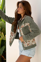 Medium Grey Ribbed Retro Floral Patchwork Shirt Style Jacket