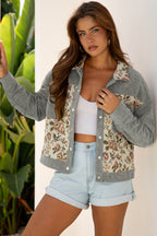 Medium Grey Ribbed Retro Floral Patchwork Shirt Style Jacket