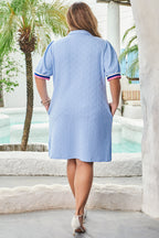 Beau Blue Contrast Striped Trim Zipped Stand Collar Textured Puff Sleeve Plus Size T Shirt Dress