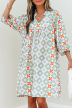 Green Geometric Floral Print 3/4 Sleeve Notched Neck Mini Dress