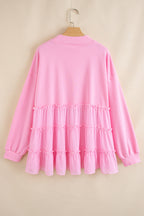 Pink Tiered Ruffle Ribbed Crew Neck Pullover Plus Size Top