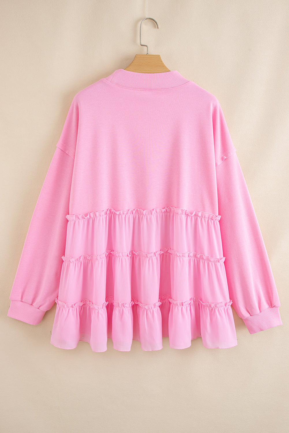 Pink Tiered Ruffle Ribbed Crew Neck Pullover Plus Size Top