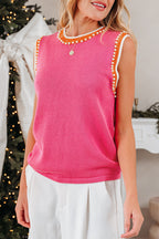 Bright Pink Contrast Trim Pearl Detail Sweater Tank Top