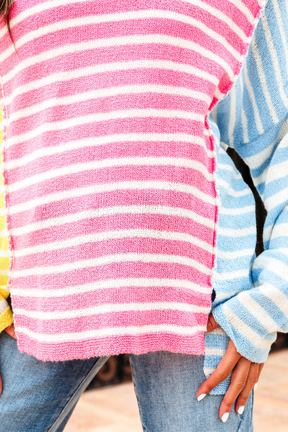 Multicolour Color Block Striped Patchwork Dolman Sleeve Slit Sweater