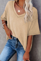 Purple Exposed Seam Half Sleeve Knitted V Neck Textured Top