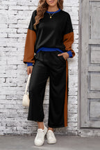 Blackish Green 2pcs Color Block Pullover Loose Pant Set