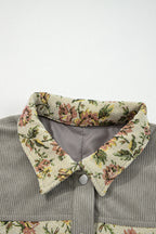 Medium Grey Ribbed Retro Floral Patchwork Shirt Style Jacket