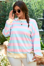 Sky Blue Stripe Drop Shoulder Crewneck Plus Size Sweatshirt