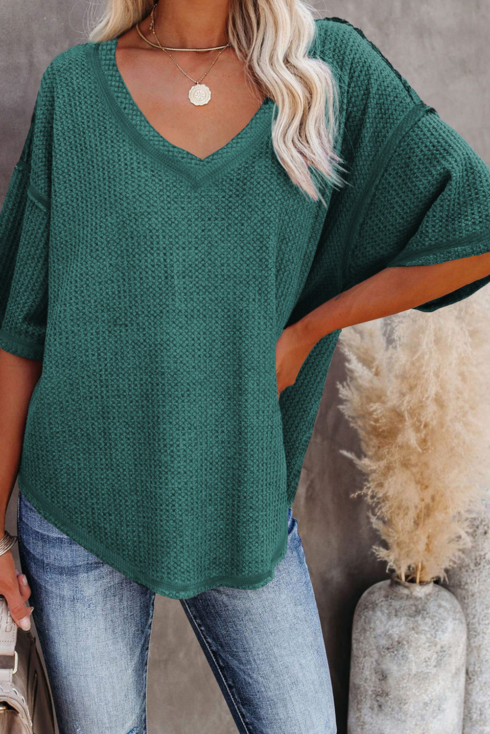 Purple Exposed Seam Half Sleeve Knitted V Neck Textured Top