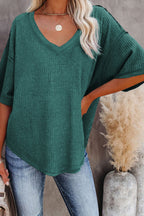 Purple Exposed Seam Half Sleeve Knitted V Neck Textured Top