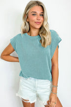 Gray Twisted Rib Wide Sleeve Crew Neck T Shirt