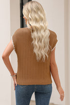 Camel Contrast Trim Boxy Fit Knit Short Sleeve Sweater Top