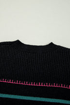 Black Colorful Striped Ribbed Trim Sweater