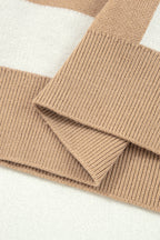 Light French Beige Checkered Pattern Loose Drop Shoulder Half Sleeve Sweater