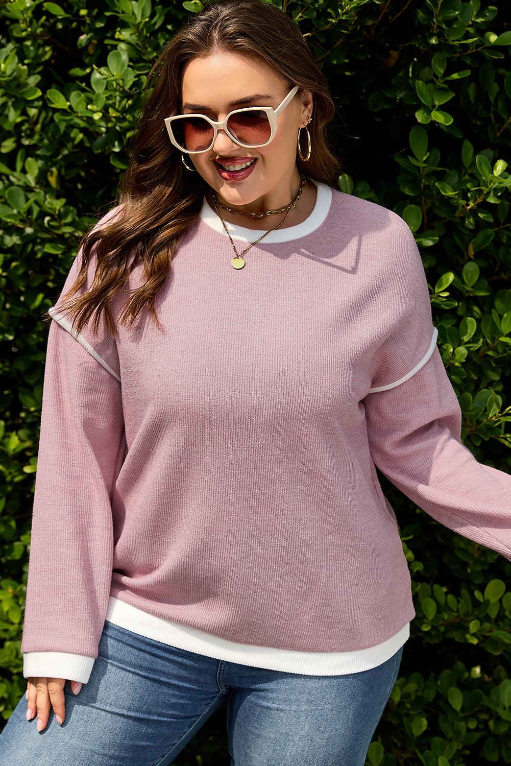 Light Pink Contrast Trim Knitted Drop Shoulder Plus Size Top