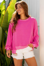 Strawberry Pink Twisted Rib Uneven Hem Drop Shoulder Loose Knit Top
