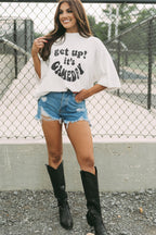 Beige GAME DAY Slogan Printed Half Sleeve Oversize T Shirt